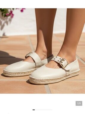 Jutelia Mary Jane Espadrille Flats with Buckle in Cream NWOB